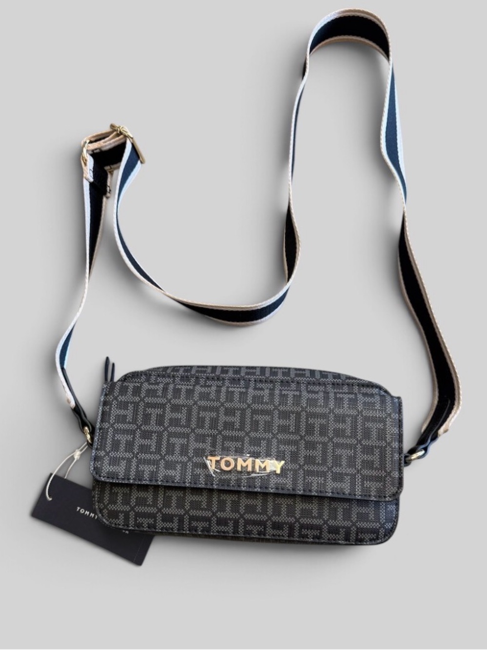 Tommy Hilfiger Black Gray Monogram Crossbody with Striped Strap